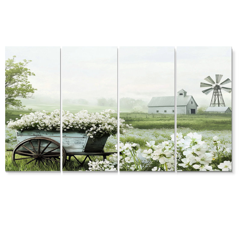 «Farm Landscape Flowers In White & Green Tones I» - Ensemble de décoration murale de ferme, H 32 po x l 64 po