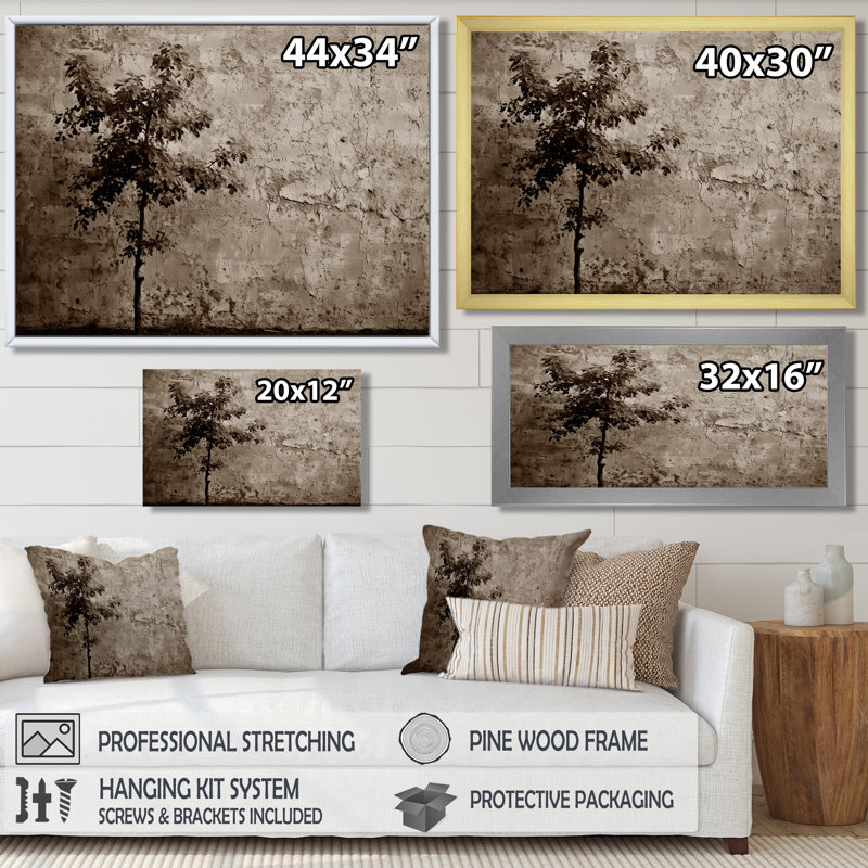 Arbre simple devant un mur - salon d'art mural arbre monochrome, Toile encadrée flottée blanche, H 16 po x l 32 po x P 1 po
