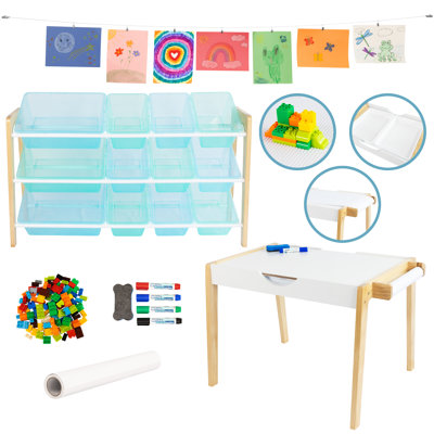  Kids 3-in-1 Activity Table with Markers, Building Bricks & 12-Bin Toy Storage Organizer