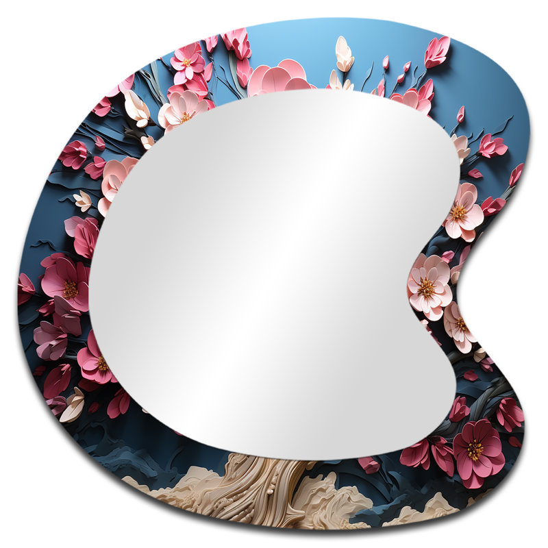 «Sayachith Dynamic White and Pink Petals Tree I», miroir asymétrique, miroir mural unique de forme irrégulière rose, impression sur métal