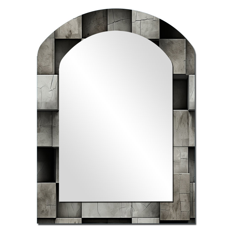 Illusion de mur architectural en béton - miroir unique en forme de brique, grand miroir mural asymétrique gris, impression d'art