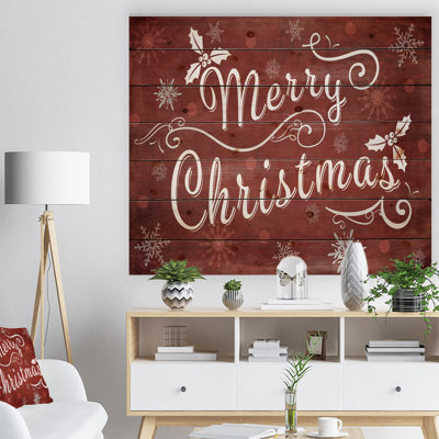 Merry Christmas Season Greetings on Red - reproduction d'art textuel sur bois