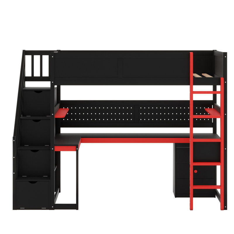 Featuring Storage Stairs, Study Desk, Organizing Shelves & Pegboard, Black/Red