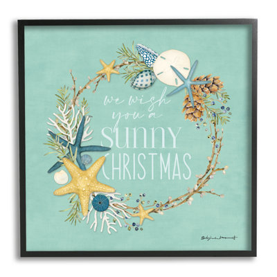 «Wish You A Sunny Christmas Wreath» encadré sur bois par Stephanie Workman Marrott, impression