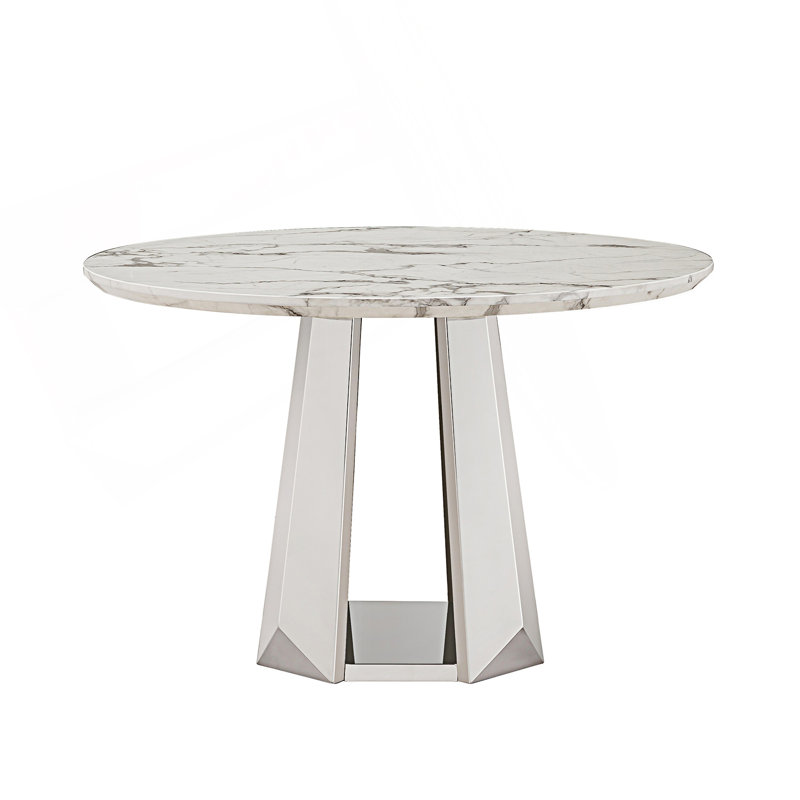 47" Round Marble Dining Table, White, Sliver