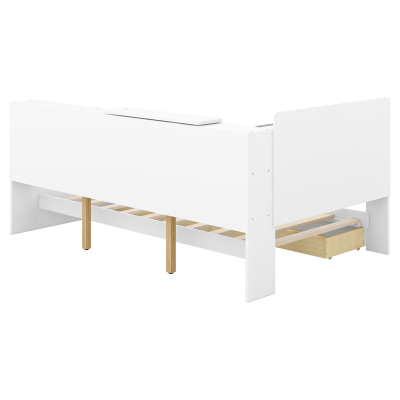 Lit plateforme simple avec rangement pour tête de lit, 2 tiroirs, tablettes en bois blanc