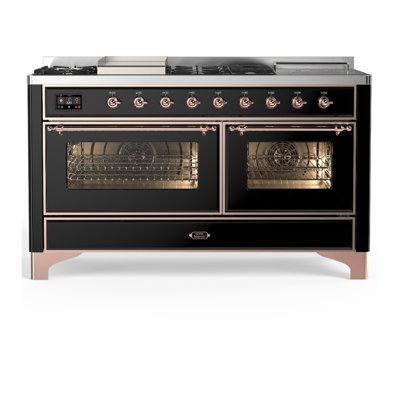 Cuisinière à double combustible 60 pouces avec 7 brûleurs scellés, plaque chauffante et plateau français en noir brillant Majestic III Series (gaz naturel, garniture en cuivre)