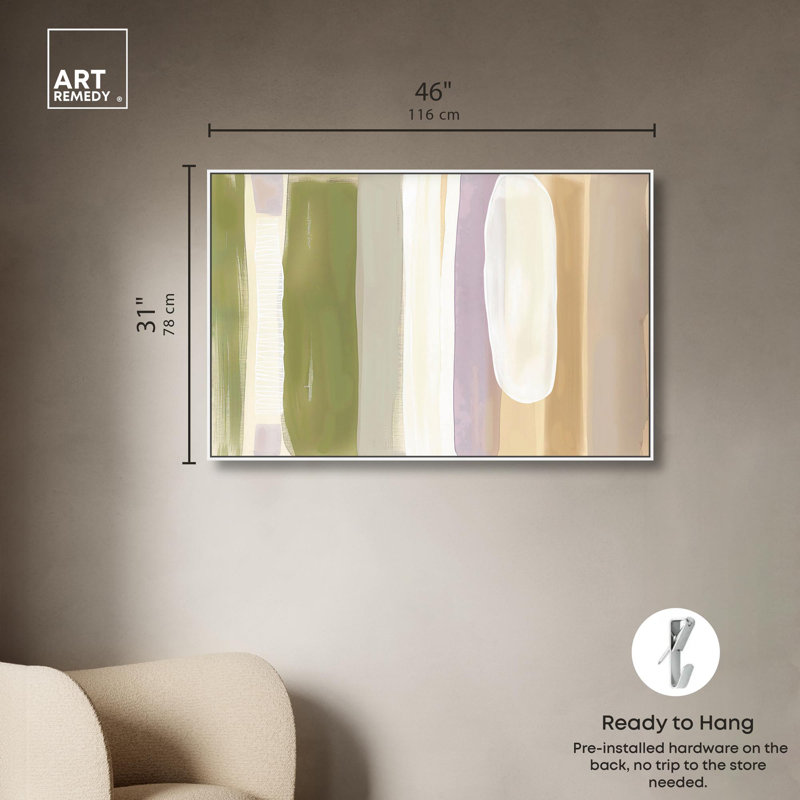 «Verdant Hush», toile abstraite par Art Remedy, H 31 po x l 46 po x P 1,8 po, Cadre flottant blanc