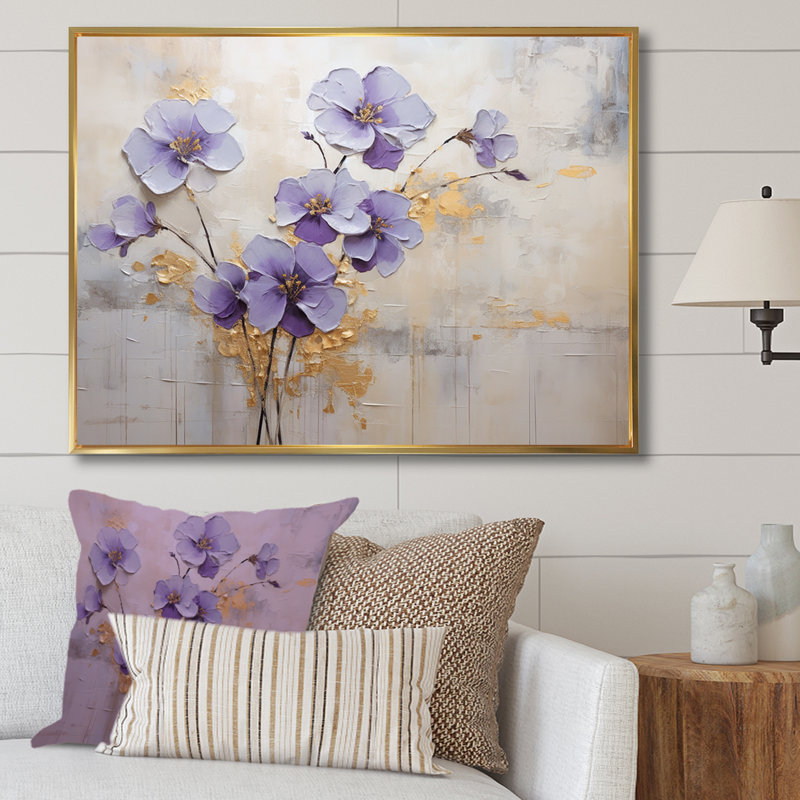 Mauve et or orné de violettes Meadow I - art mural Violettes, H 34 po x l 44 po x P 1,5 po, Cadre flottant doré