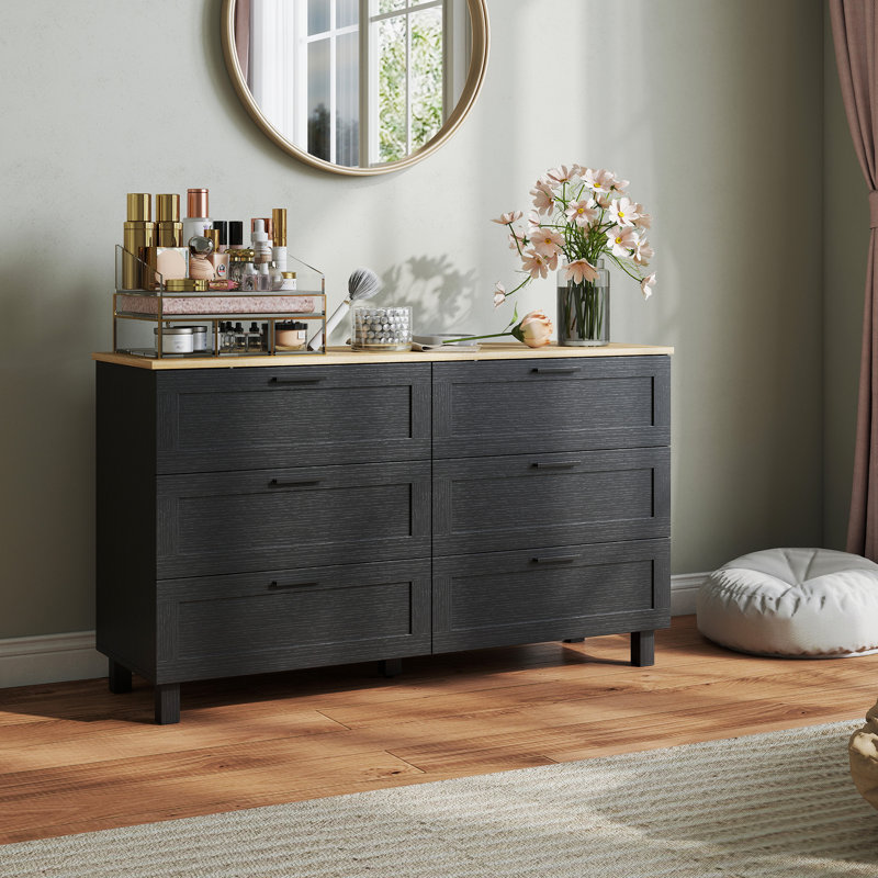 Commode à 6 tiroirs, commode double pour chambre à coucher, noire
