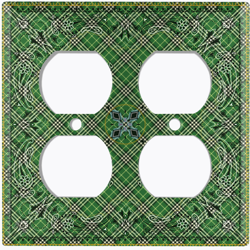 Metal Light Switch Plate Outlet Cover (Green Check Elegant Victorian Tile   - Single Toggle), Green