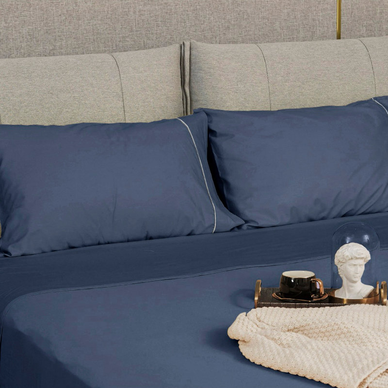 Sliver Cording 100% Cotton Sateen Pillowcases Open Pillowcases Set, Queen Pillowcase, Dark Blue