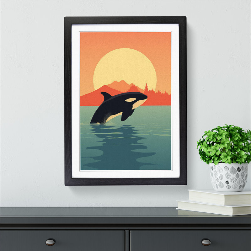 Orca Whale Minimalism - Single Picture Frame Print on Wood, 46cm H x 34cm W x 2cm D, Black Framed