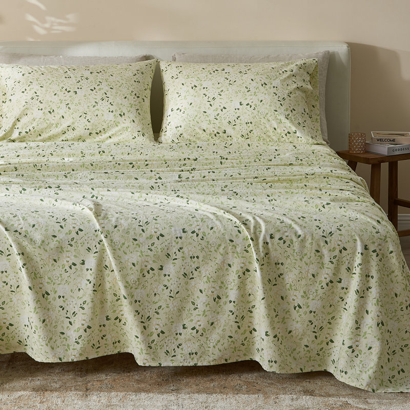 Ensemble de draps 100% coton, Ensemble de draps pour grand lit + un drap-housse, Motif floral, vert