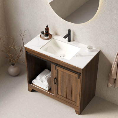 Meuble-lavabo de 36 po avec lavabo, meuble de rangement autoportant de style maison de campagne avec porte de grange coulissante et tablettes, comptoir en pierre frittée et lavabo en céramique