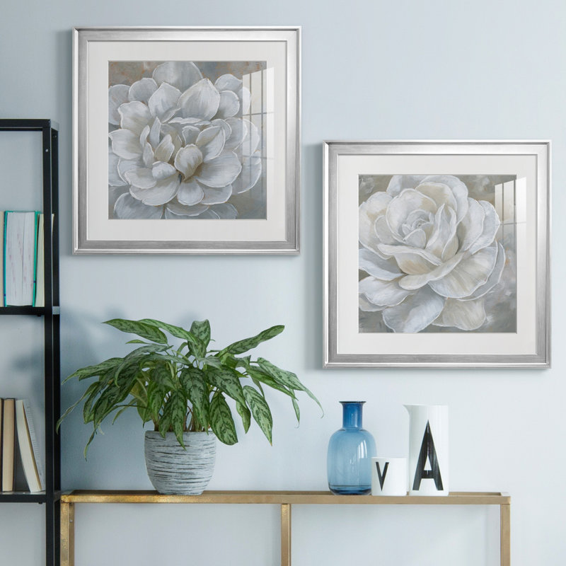 «Bombshell Bloom I», ensemble de 2 reproductions d'art sur toiles, H 22,5 po x l 45 po, Papier encadré noir, Argent argent