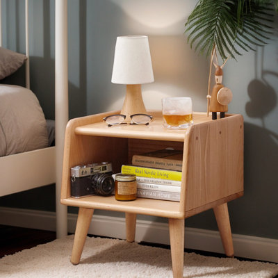 Solid Wood Bedside Table, Mid-Century Modern Nightstand With Open Storage