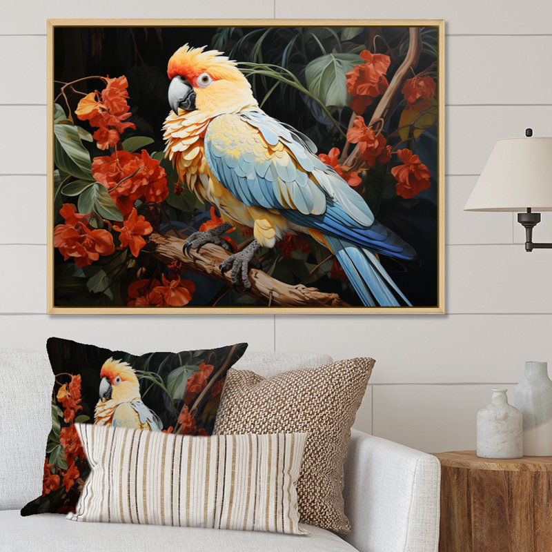 Beige Blue Parrot Vibrant Plumage Pastoral I - Animals Wall Decor, 30" H x 40" W, Black Picture Framed
