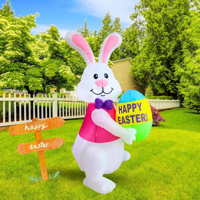 Inflatable Bunny With Egg Outdoor Decoration, Easter Blow Up Yard Decorations, Built-In LED Lights Inflatables Easter Holiday Funny Decor For Indoor Lawn Garden