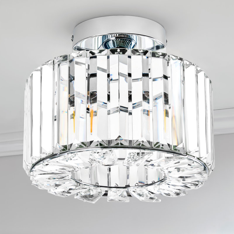 Plafonnier semi-encastré cylindrique en cristal à 1 lumière à intensité variable, Nickel brossé, Une lumière