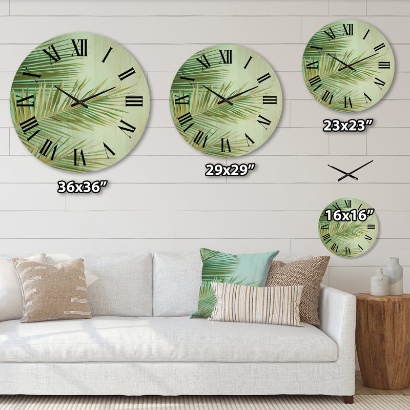 Tropical Palms Leaves Illustration - Leaves Oversized Wood Wall Clock, Large