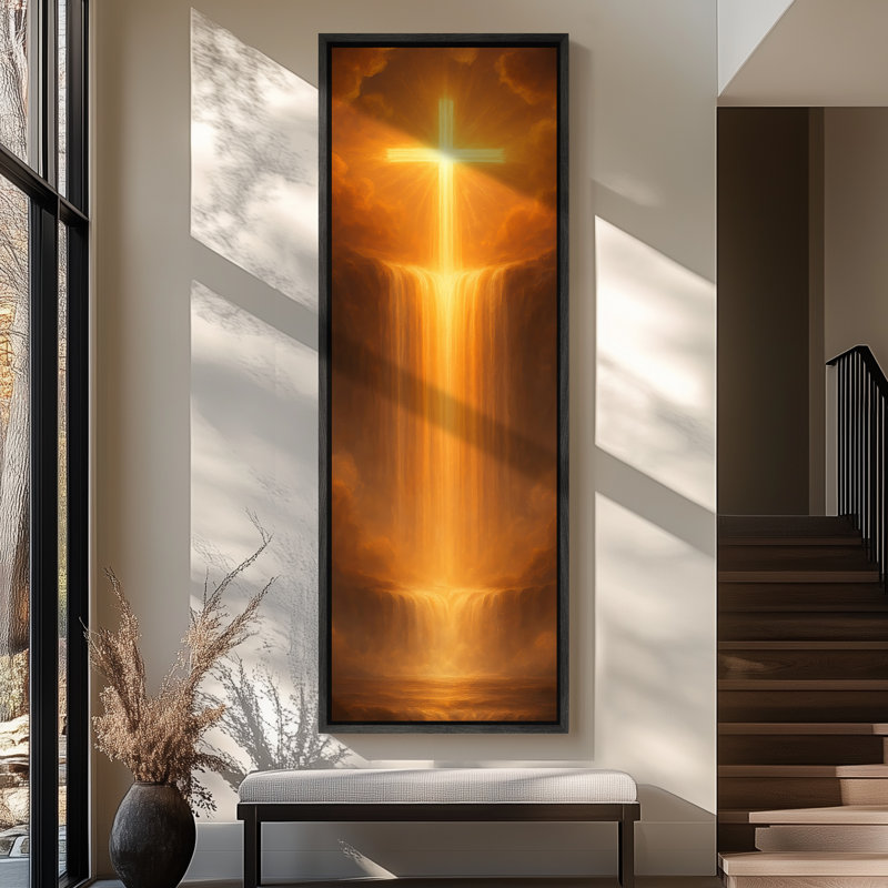 «Glowing Cross Light Waterfall Heavenly», art mural vertical sur toile encadrée, Noir, H 60 po x l 20 po