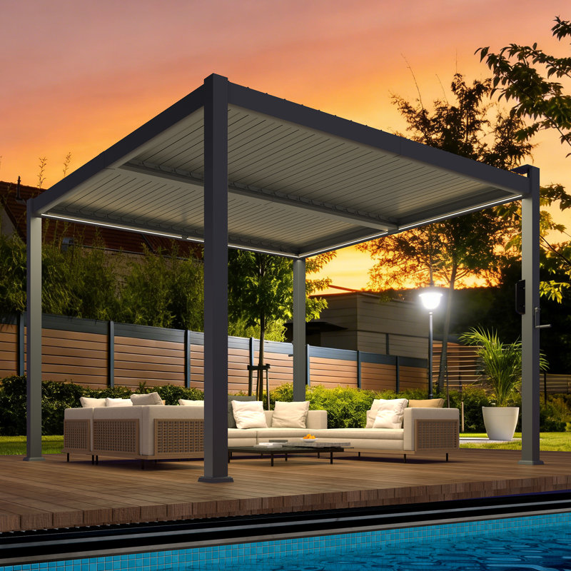 10' X 10' Outdoor Louvered Pergola With 3-Level LED Lights, Adjustable Aluminum Roof, Side Crank Control, Hardtop Gazebo For Patio, Deck, Backyard