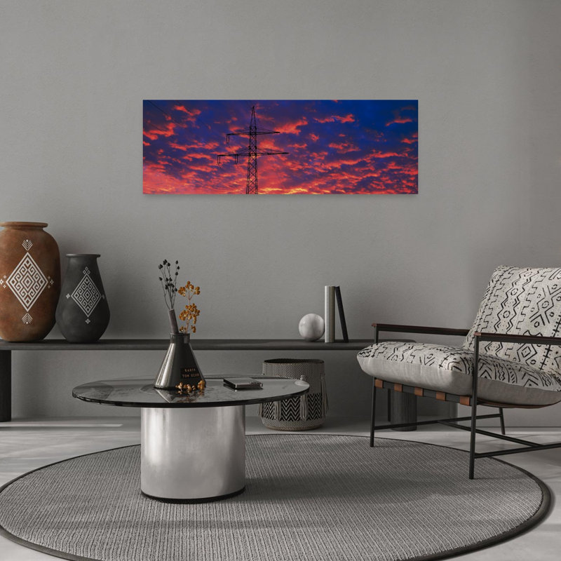 Lignes électriques au coucher du soleil, Allemagne, art dramatique abstrait coloré, art mural, H 12 po x l 36 po