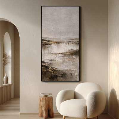 Très grand art mural imprimé sur toile - Composition abstraite géométrique moderne avec des blocs beiges doux et des éléments de lignes fluides pour le salon ou la chambre à coucher - «Assemblage requis du cadre (cadre non fini)»