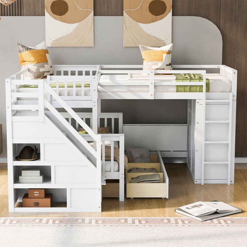Lit superposé en L avec 3 tiroirs, bureau portatif et garde-robe Jahmarion, Blanc