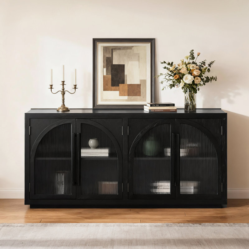 70'' Modern Black Oak Sideboard Cabinet with Adjustable Shelves and 4 Semi-Frosted Glass Doors