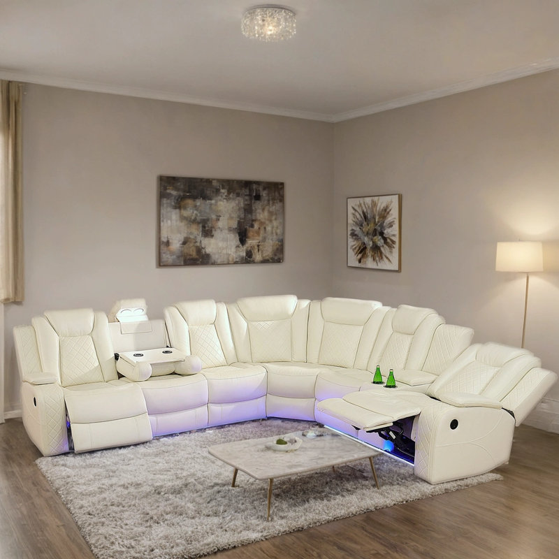 Canapé modulaire inclinable électrique en similicuir 3 pièces avec éclairage DEL et ports USB, Beige