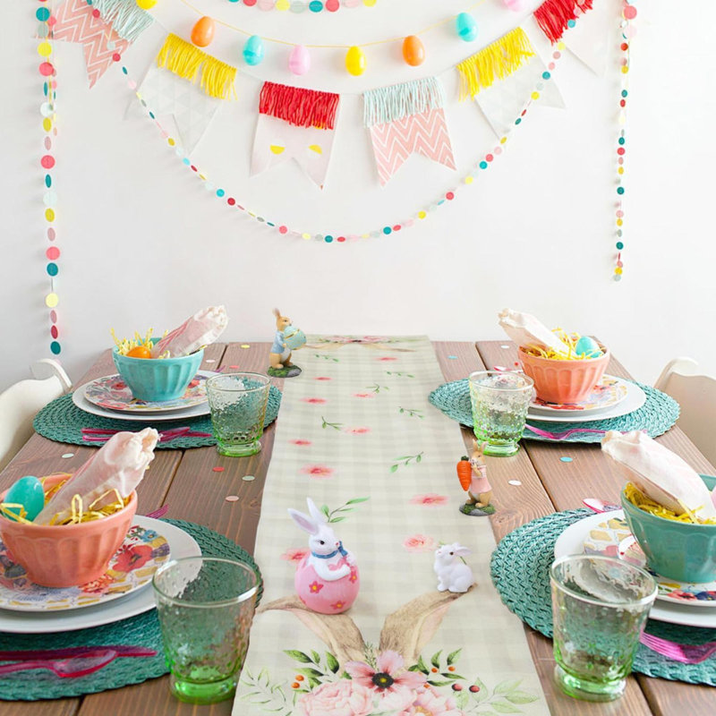 Décorations de chemin de table de Pâques à carreaux oreilles de lapin au printemps, décorations de lapin en lin, décorations de Pâques pour la cuisine