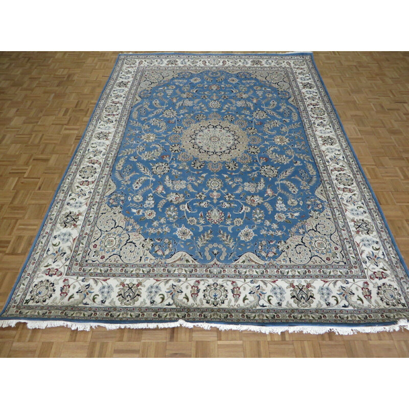 Tapis oriental bleu clair noué à la main 8 pi 10 po x 12 pi 1 po Nain avec soie DD1716C611094C179B7CE9C1EBF8AC3D