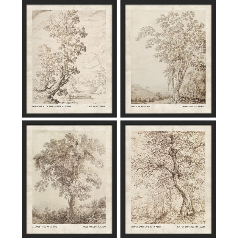 " Vintage Landscape Sketch Antique Tree " 4 - Pieces, Black, 16" H x 12" W