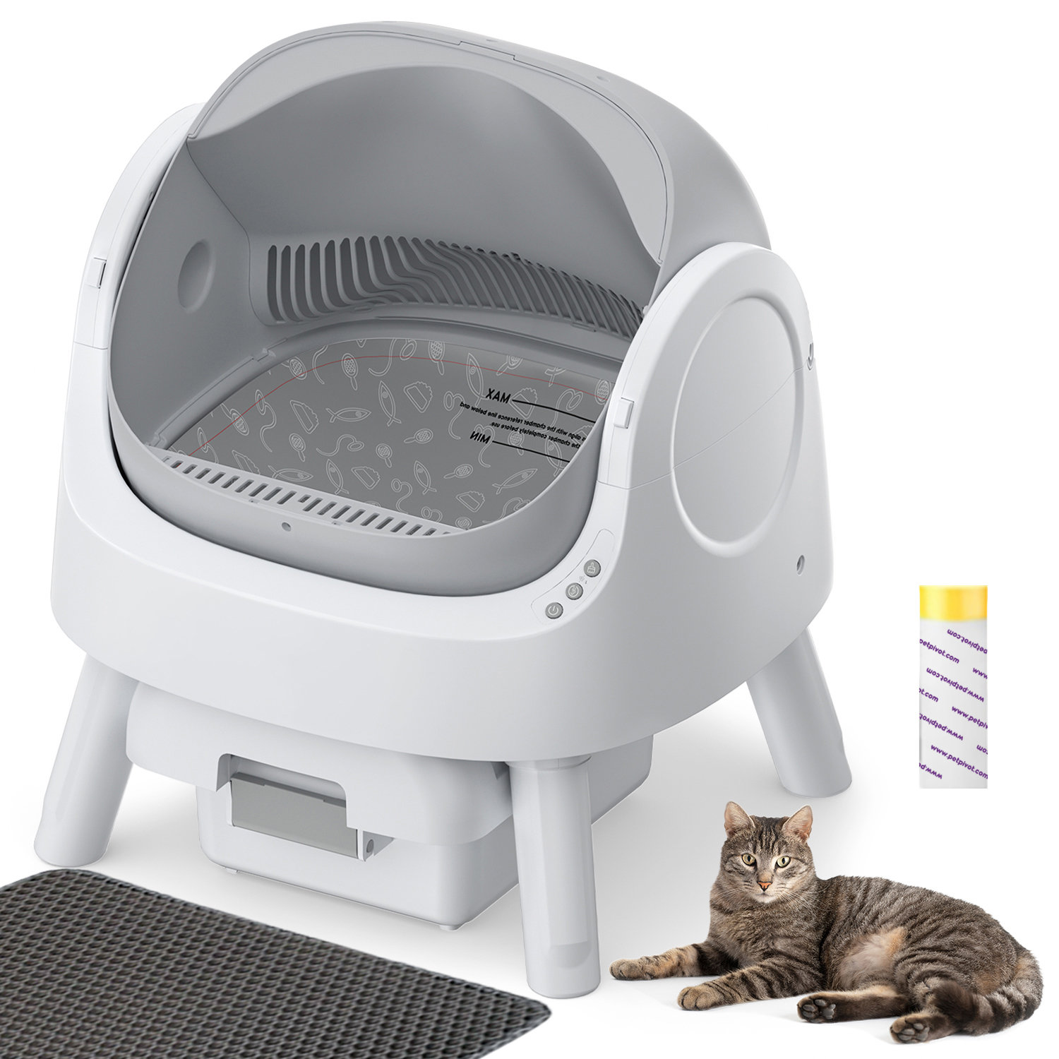 PetPivot Large Open-Top Automatic Cat Litter Box Self Cleaning with Safety Protection, Mat and Trash Bags Included PetPivot Color: White
