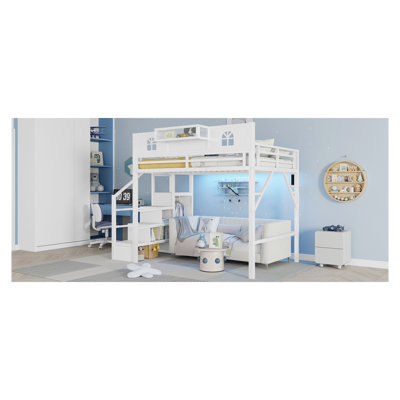 Full Size Loft Bed with Stairs, Metal Full Loft Bed with High and House Shaped Guardrails, High Loft Bed with Wardrobe for Kids Teens, White (Old SKU W2593S00037 Expect Arrival Datee2026/3/7 )