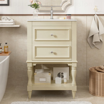 Meuble-lavabo rétro avec lavabo en céramique, 2 tiroirs et tablette ouverte pour un rangement et une organisation élégants
