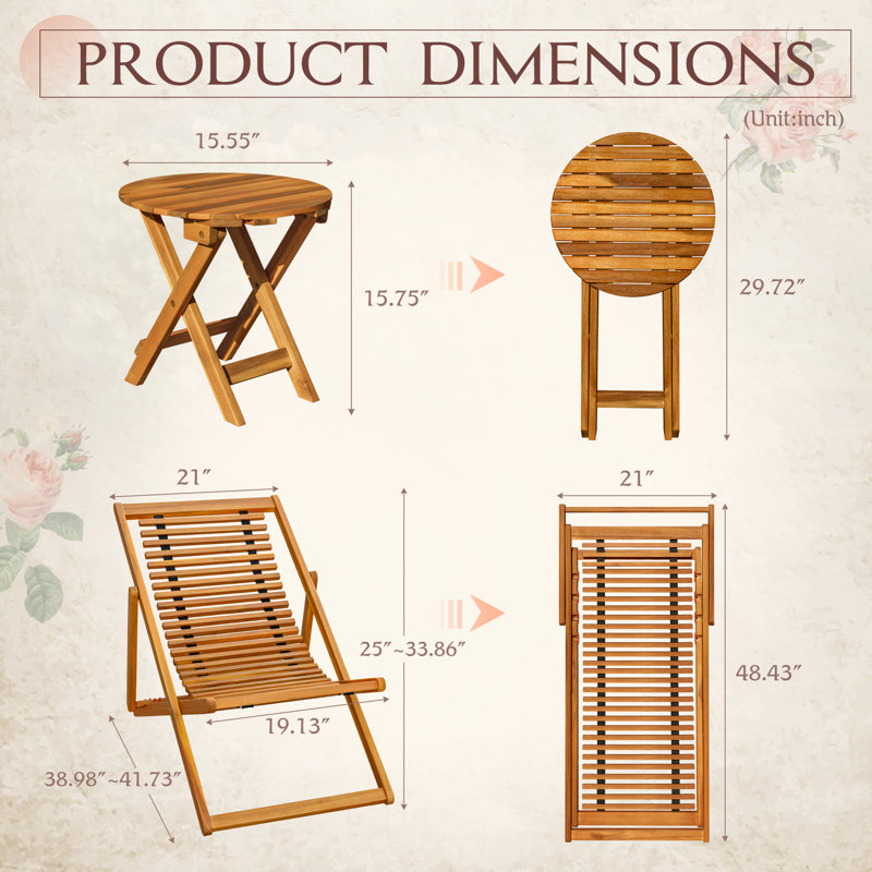 Ensemble de conversation d'extérieur pliant en bois d'acacia 3 pièces pour 2 personnes 