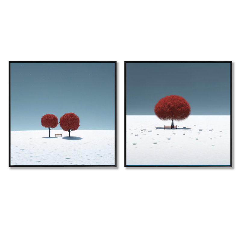 Arbre rouge et banc dans la neige - ensemble de 2 collages carrés floraux, Cadre flottant noir, H 16 po x l 33 po