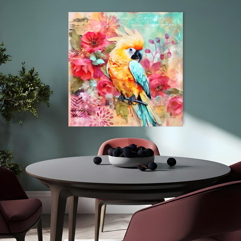 Vibrant Tropical Parrot Bird Flower Wall Art Print 1 Piece Wrapped Canvas Wall Art, 91.44cm H x 91.44cm W