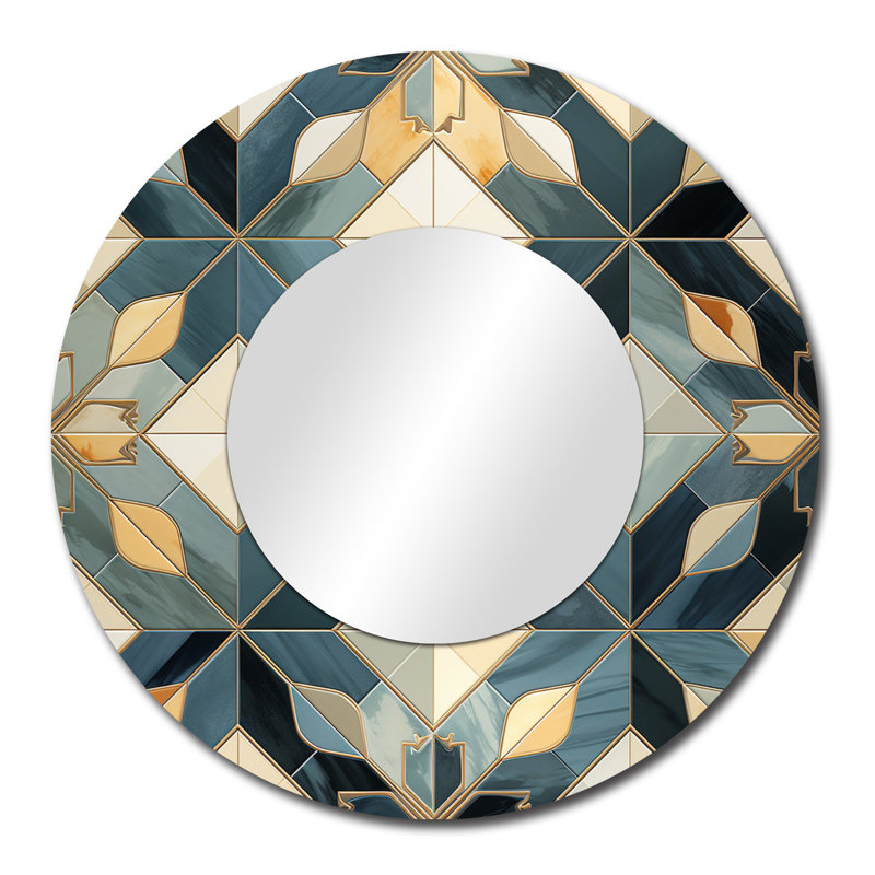 Roxeann Antique Beige And Blue Marrocan Tiles - Geometric  Unique Wall Mirror Decor, Modern Large Round Mirror, Printed Metal Art