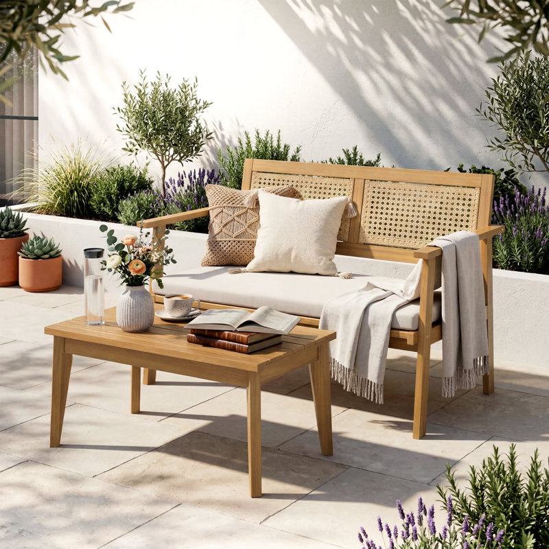 Canapé deux places Arbora avec table basse (partie 1 sur 2) - Mobilier d'extérieur en bois avec dossier tressé à double corde et assise profonde