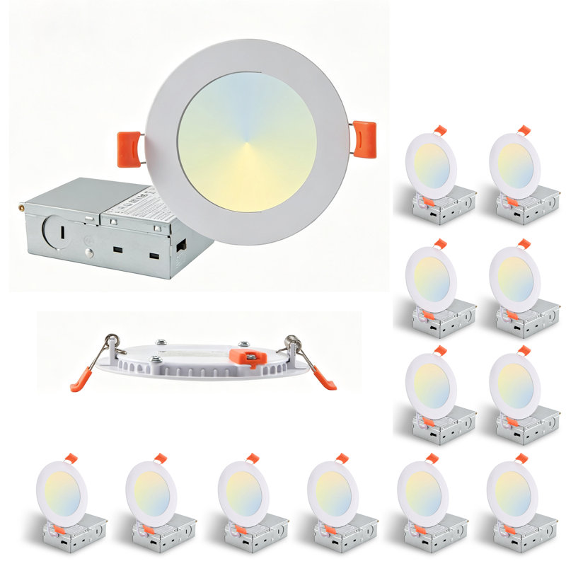 Paquet de 12 plafonniers encastrés à DEL de 4 pouces avec boîte de jonction, 5CCT sélectionnable 2700K-5000K, wafer à intensité variable 810LM 9W, homologué ETL pour emplacement humide, plafonnier sans canne ultra-mince pour cuisine