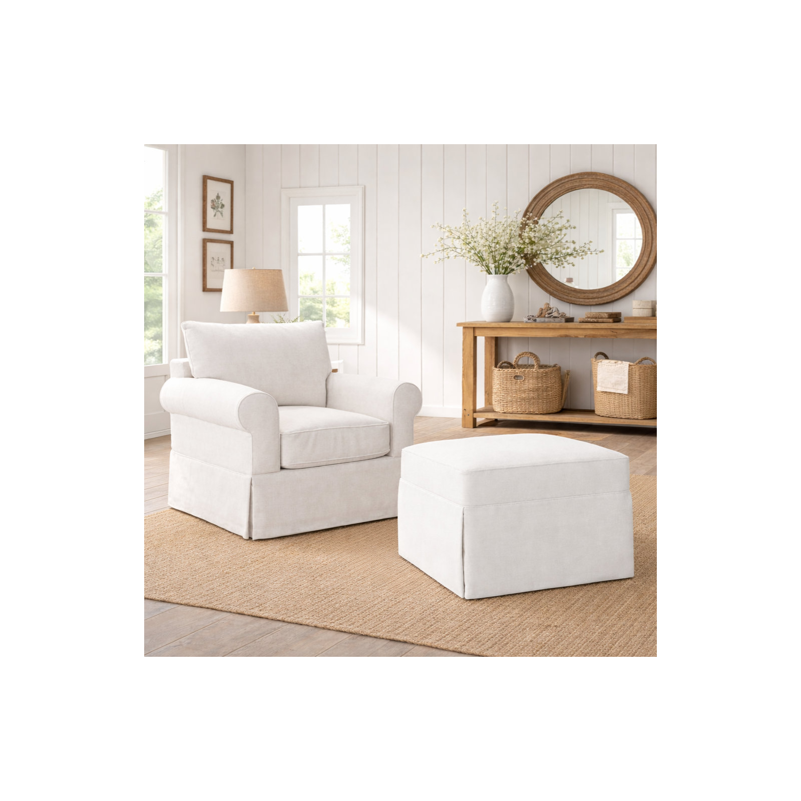 Amari 33" Rectangle Slipcovered Ottoman, Classic Bleach White Twill