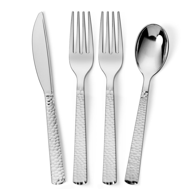 Mirror Polished Hammered Silverware Set - Dinner Knife, Fork