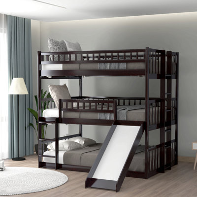 Full-Over-Full-Over-Full Triple Bed With Built-In Ladder And Slide , Triple Bunk Bed With Guardrails