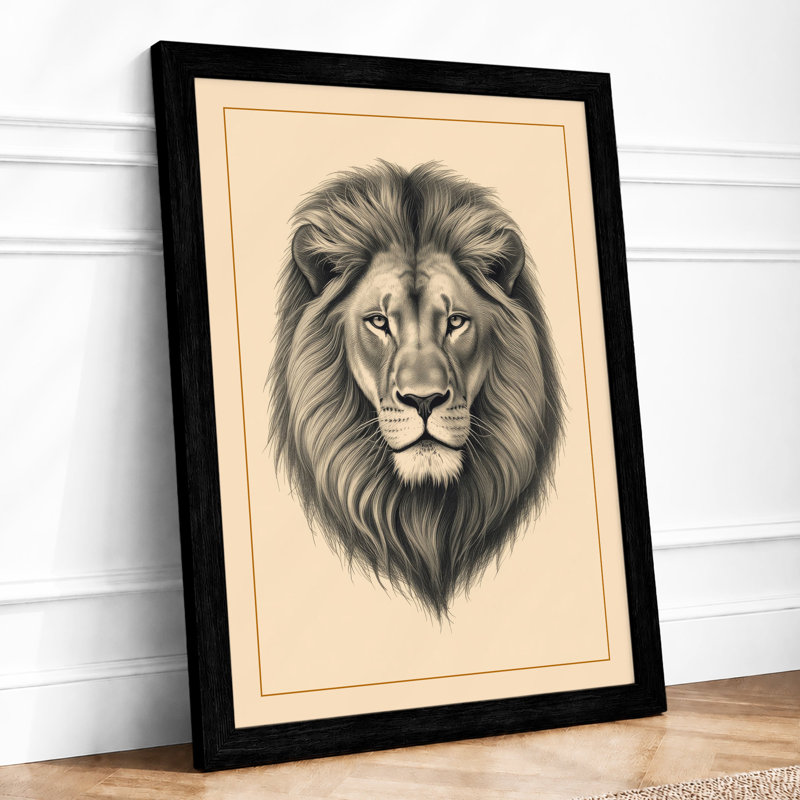 Lion's Gaze Realism - Framed Print, A3 - 42.0 x 29.7 cm, Black