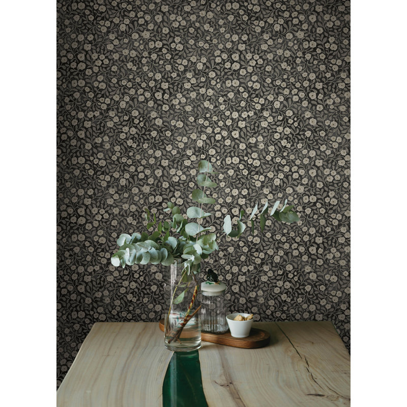 Papier peint floral noir Poppy Trail, Noir