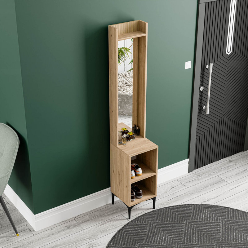 Élégant support de couloir avec miroir, finition chêne, 27,6 po x 77,2 po x 13,8 po | Panneau de particules 100% mélaminé | Support mural polyvalent avec plusieurs tablettes, mural, idéal pour le vestibule et le rangement supplémentaire